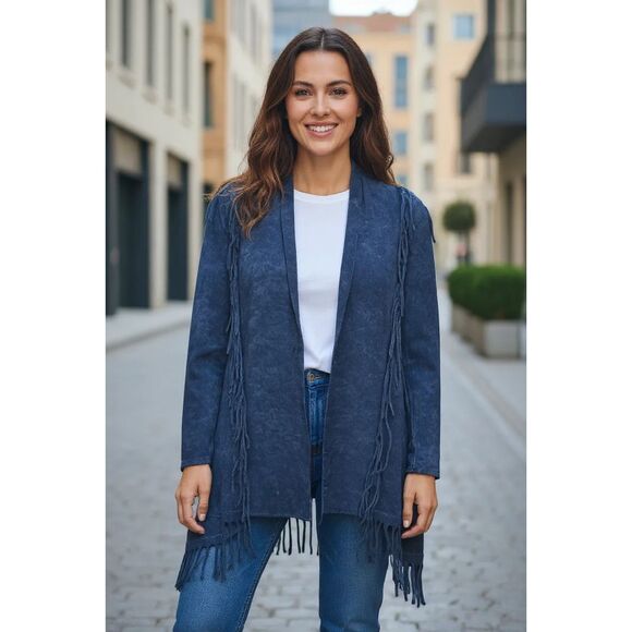 Cover Charge Shrug Sweater Vintage Western Boho Blue Stonewashed Fringe S - Picture 1 of 10